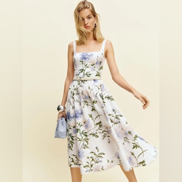 New Reformation Janu Linen Midi Dress - Serenity Blue White Floral size 4 - Picture 2 of 15